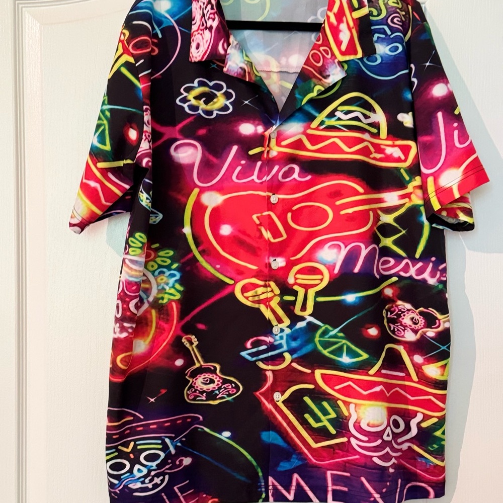 Vibrant Neon Graphic Men's Casual Button Down Shirt- Viva Mexico! New!
